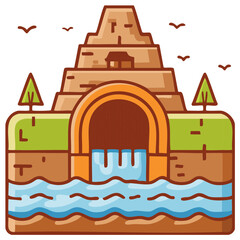 Naklejka premium Ancient Monument with Waterfall and Trees Minimalist Graphic for Travel or Nature Concept
