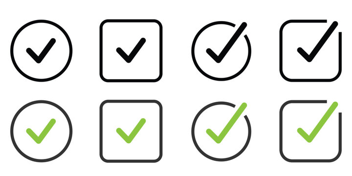 Vector illustration of various checkbox icons with black outlines and green and black checkmarks on white background