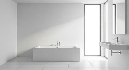 Fototapeta premium Modern minimalist bathroom design with a large window and bathtub.