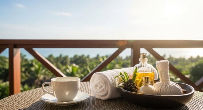 Relaxing spa day with coffee and massage oils on a balcony overlooking the ocean.