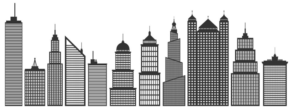Modern Minimalist City Skyline Silhouette Vector, Urban Architectural Skyscraper Elements in Flat Design Style, Professional Graphic Backdrop for Website Header and Corporate Branding Layout