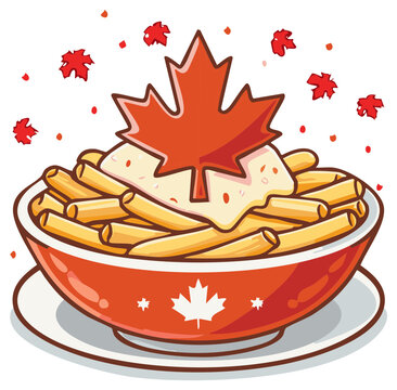 Cartoon Poutine with Maple Leaf Symbol Festive Canadian Cuisine Illustration