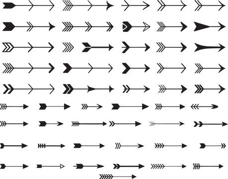 A varied collection of decorative arrow designs featuring diverse tail styles and sharp pointing heads
