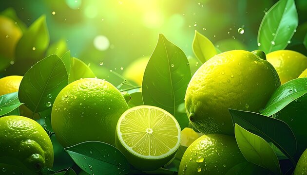 Fresh green lemons with leaves and water drops.