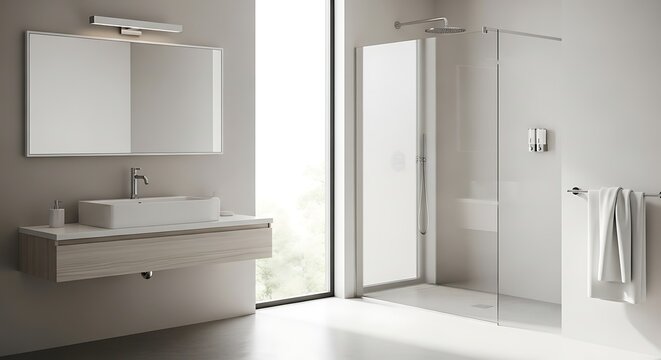 Modern minimalist bathroom design with floating vanity, mirror, and shower enclosure.