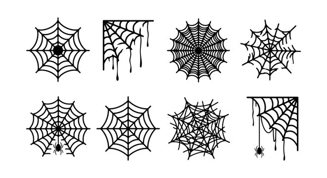 Black Silhouette Spider Web Set - Decorative Cobwebs and Spooky Halloween Spiderweb Ornaments