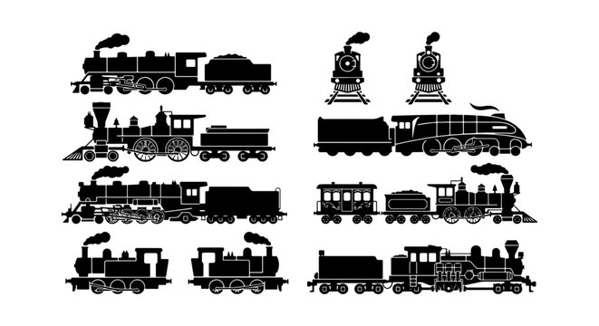 Black Silhouette Set of Vintage Steam Locomotives and Antique Railway Engines with Coal Tenders