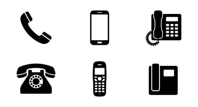 Black Silhouette Telephone Icon Set - Evolution of Communication from Vintage Rotary to Modern Smartphone