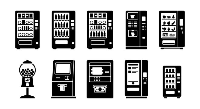 Vending Machine and Automated Retail Icon Set - Food, Snack, Beverage, Coffee, and Gumball Machine Silhouette Vector Illustrations