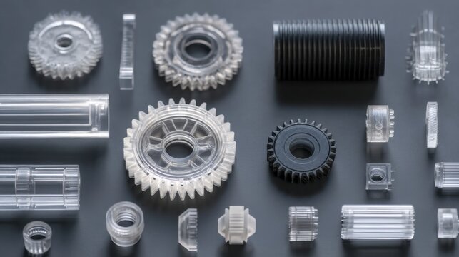 Clear and Black Mechanical Parts Displayed on Dark Background Showcasing Precision Engineering and Diverse Design Elements