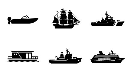 Maritime Ship and Boat Silhouette Set - Vintage Sailing Ship, Modern Yacht, Cruise Liner, Houseboat, and Naval Vessel Vector Illustrations © Farzana
