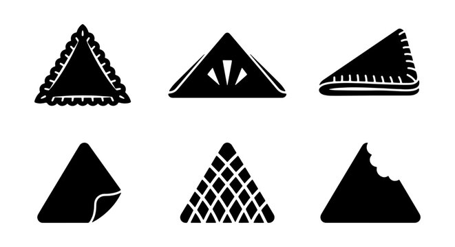 Set of Samosa and Triangle Snack Silhouette Icons - Indian Food, Pastry, and Street Food Appetizer Symbols