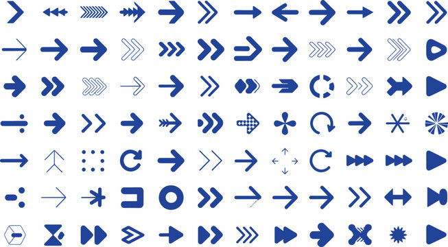 Set of various blue arrow symbols and pointer icons for modern user interface navigation designs