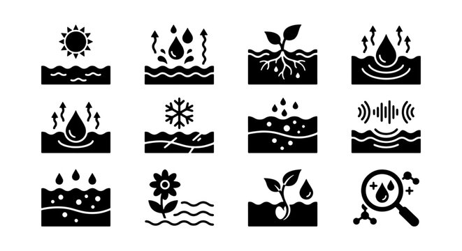 Agriculture and Soil Science Silhouette Icon Set - Plant Growth, Irrigation, Evaporation, and Soil Analysis Vector Illustration