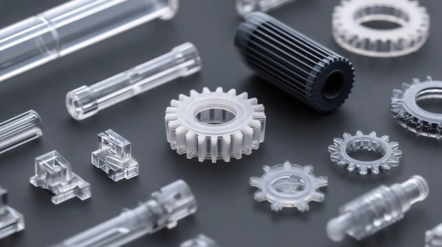 Close-Up Shot Featuring an Array of Clear and Black Mechanical Components on a Dark Surface Ideal for Industrial Design and Engineering Concepts