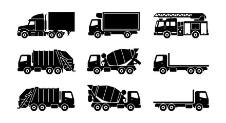 Industrial Truck and Heavy Vehicle Silhouette Icons Set - Construction, Logistics, and Emergency Services © Rifat