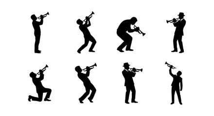 Set of Trumpet Player Silhouettes - Jazz Musician, Brass Band Performer, and Live Music Concert Icons © Rifat
