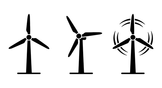 Set of Wind Turbine Silhouette Icons - Renewable Energy, Wind Power, and Sustainable Ecology Symbols