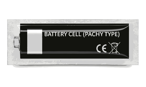 Isolated Black Battery Cell Illustration with 'BATTERY CELL (PACHY TYPE)' and CE Mark