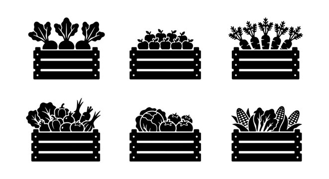 Set of Farm Fresh Vegetable Crates Silhouette Icons - Harvest and Agriculture Concept