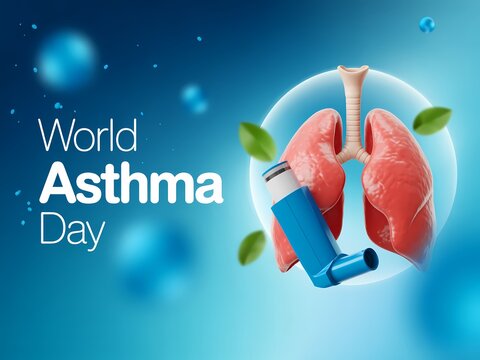 World asthma day illustration with lungs and inhaler