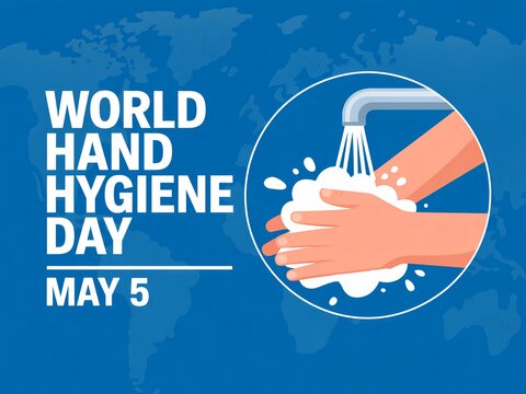 World hand hygiene day concept illustration with hands washing with soap under a faucet on a blue world map background