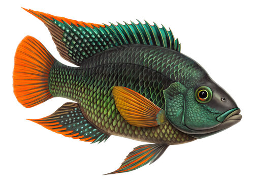 Colorful jack dempsey cichlid fish swimming isolated on transparent background