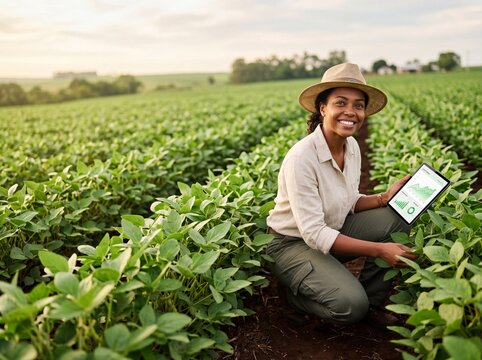 Smiling Black female farmer using a digital tablet for data analysis while squatting in a lush green soybean field during a sunny day