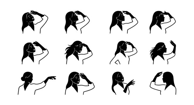 Women Hairstyles Back View Silhouette Set, Elegant Female Hair Styling Icons