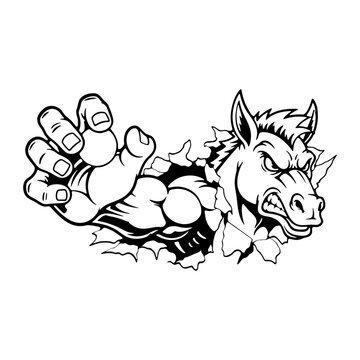 Black and white illustration of a donkeys head and hand bursting through a surface