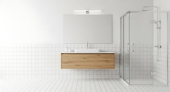 Modern minimalist bathroom design with wooden vanity and glass shower enclosure.