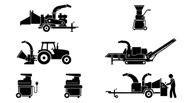 Wood chipper machine icons set, industrial tree shredder and mulcher equipment silhouettes, forestry and garden maintenance machinery vector collection