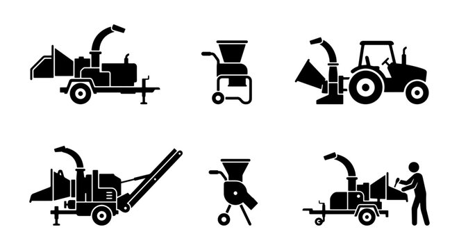 Wood chipper machine icons set, industrial tree shredder and mulch equipment silhouettes, 6 forestry and garden waste disposal vector illustrations