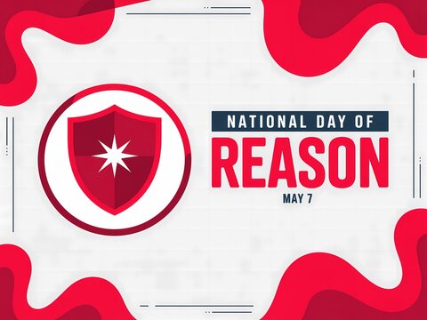National day of reason banner with shield icon and abstract red waves, may 7 celebration poster illustration