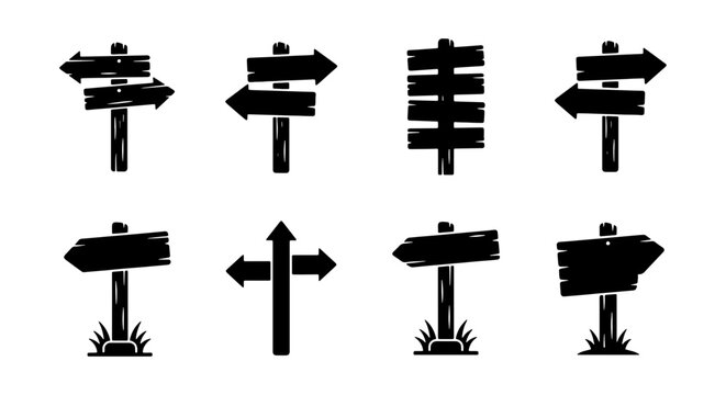 Rustic wooden signpost silhouettes, set of 8 directional arrow icons, black hand-drawn timber guideposts, vintage wood road signs for navigation