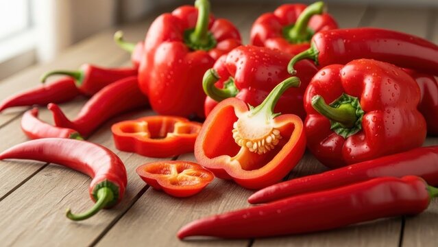 A vibrant still life of assorted red peppers on a light brown wooden table