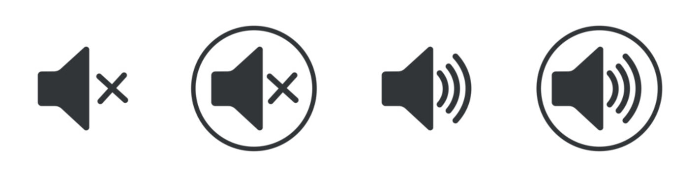 Vector icons of four different sound mute and unmute symbols in black on a white background
