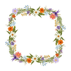 Obraz premium Colorful floral wreath with various wildflowers and green leaves, isolated on white.