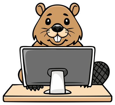 Cartoon beaver working on a computer at a desk, smiling happily, vector illustration