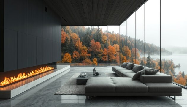 Modern Fireside Living with Breathtaking Autumn Forest and Misty Lake Views for Ultimate Relaxation and Serenity