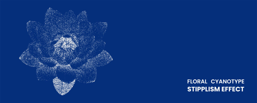 Floral cyanotype stipplism effect with a white flower illustration on a deep blue background