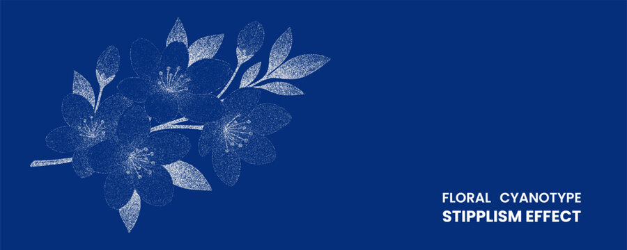 Floral cyanotype stipplism effect with cherry blossom branch illustration on blue background