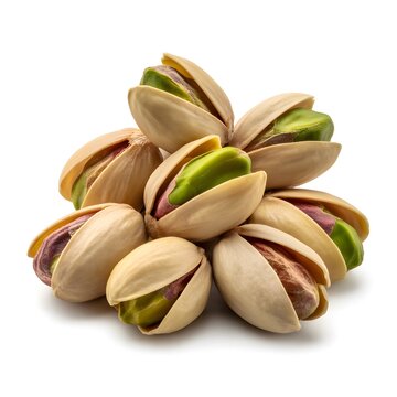 Roasted salted pistachios in shells heap isolated on white background for healthy snack and organic nut concept