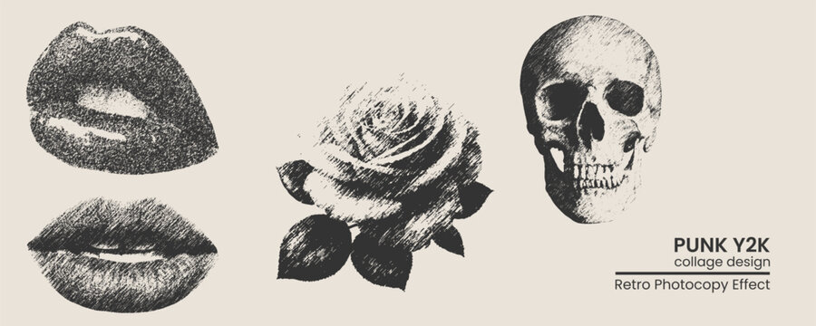 Set of handdrawn grunge elements including lips, a rose, and a human skull with a retro photocopy texture for punk y2k collage design