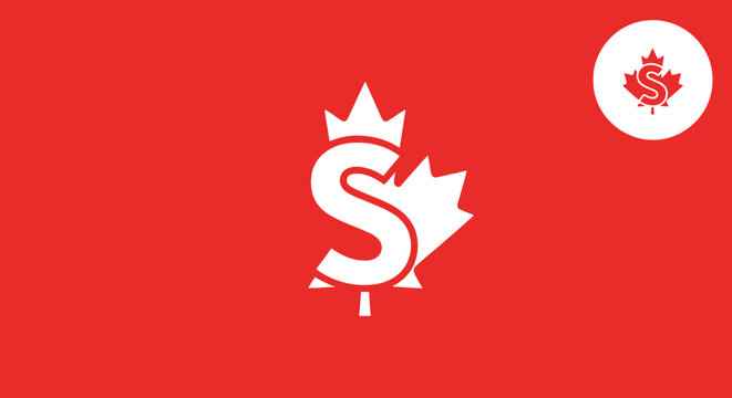 Canadian dollar sign symbol with maple leaf on red background