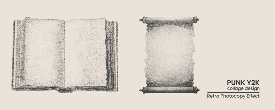 Vintage open book and ancient scroll paper texture with grainy photocopy effect