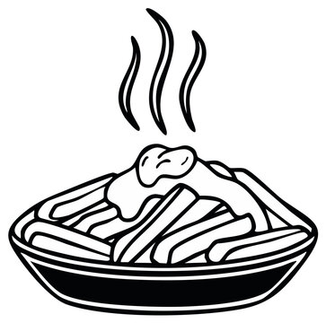 Black and white illustration of a plate of poutine with gravy and steam