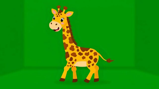 Cute cartoon giraffe walking in a studio with green screen background.