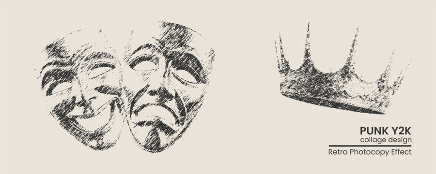 Retro photocopy effect collage with theater masks and crown punk y2k aesthetic grunge sketch of comedy and tragedy masks