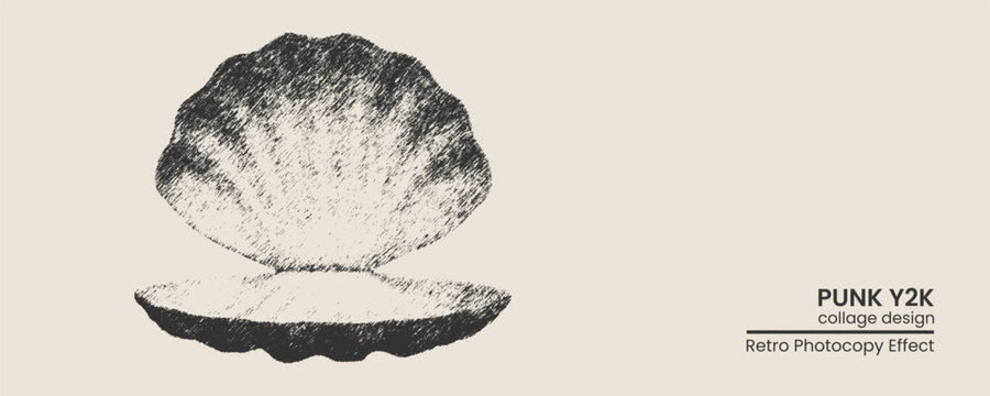 Handdrawn sketch of an open seashell, vintage aesthetic illustration with a textured retro photocopy effect, artistic nautical graphic design element